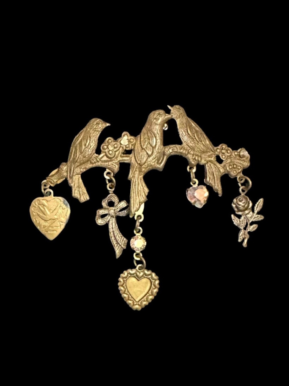 Vintage Gold Bird and Heart Charm Brooch - Romantic Women's Jewelry